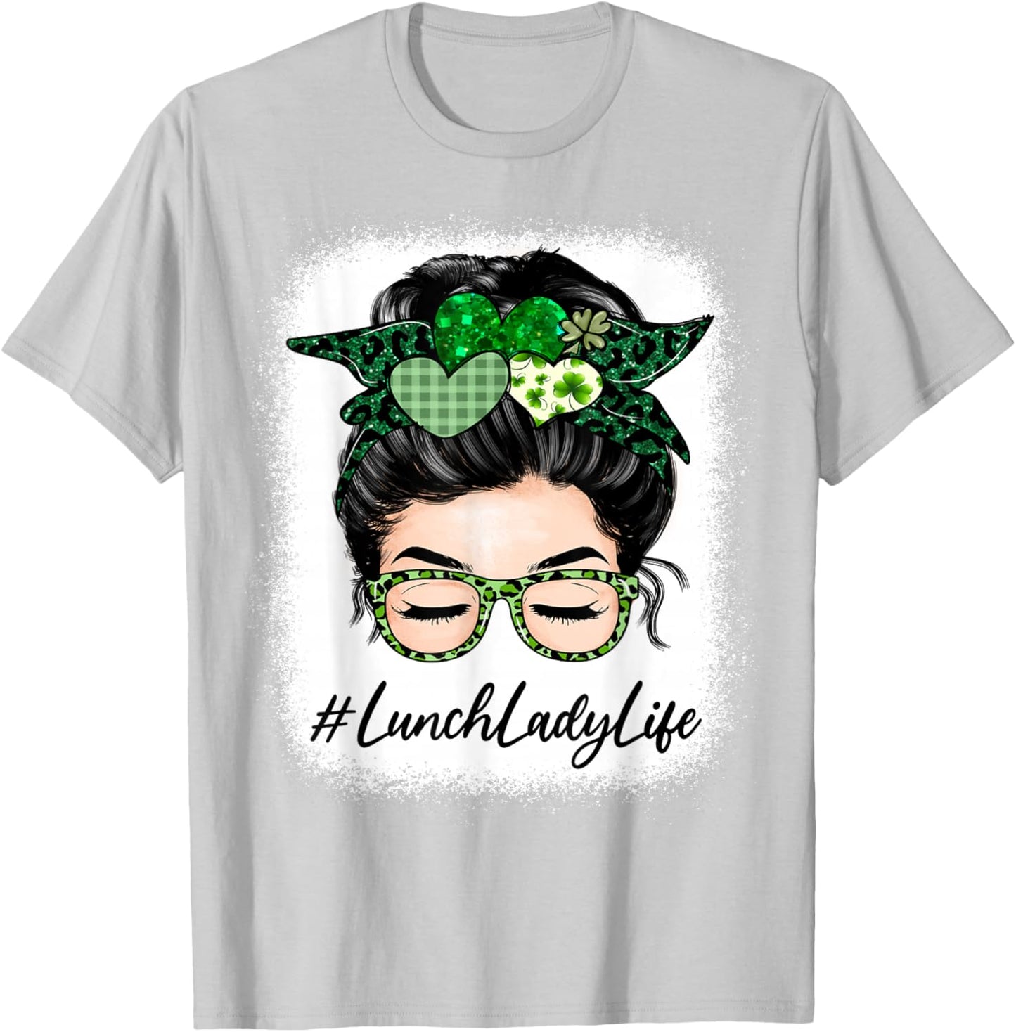 Lunch Lady Women Messy Bun St Patrick's Day Shamrock T-Shirt - T-Shirt | Ash