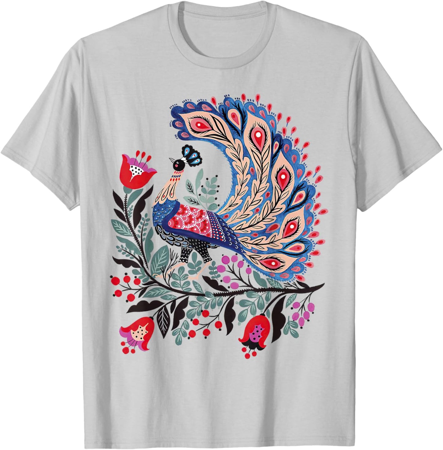 Mystical Botanical Bird Scandinavian Folk Art T-Shirt - T-Shirt | Ash