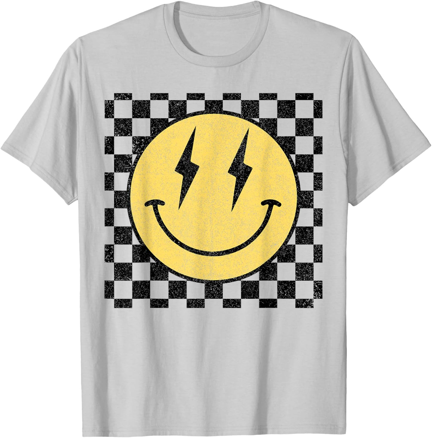 Retro Happy Face Shirt Checkered Pattern Smile Face Trendy T-Shirt - T-Shirt | Ash