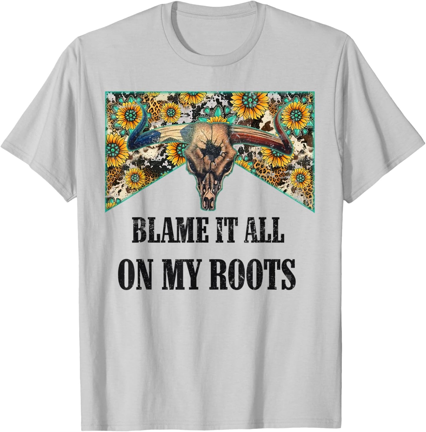 Blame It All On My Roots Vintage Bull Skull Country Music T-Shirt - T-Shirt | Ash