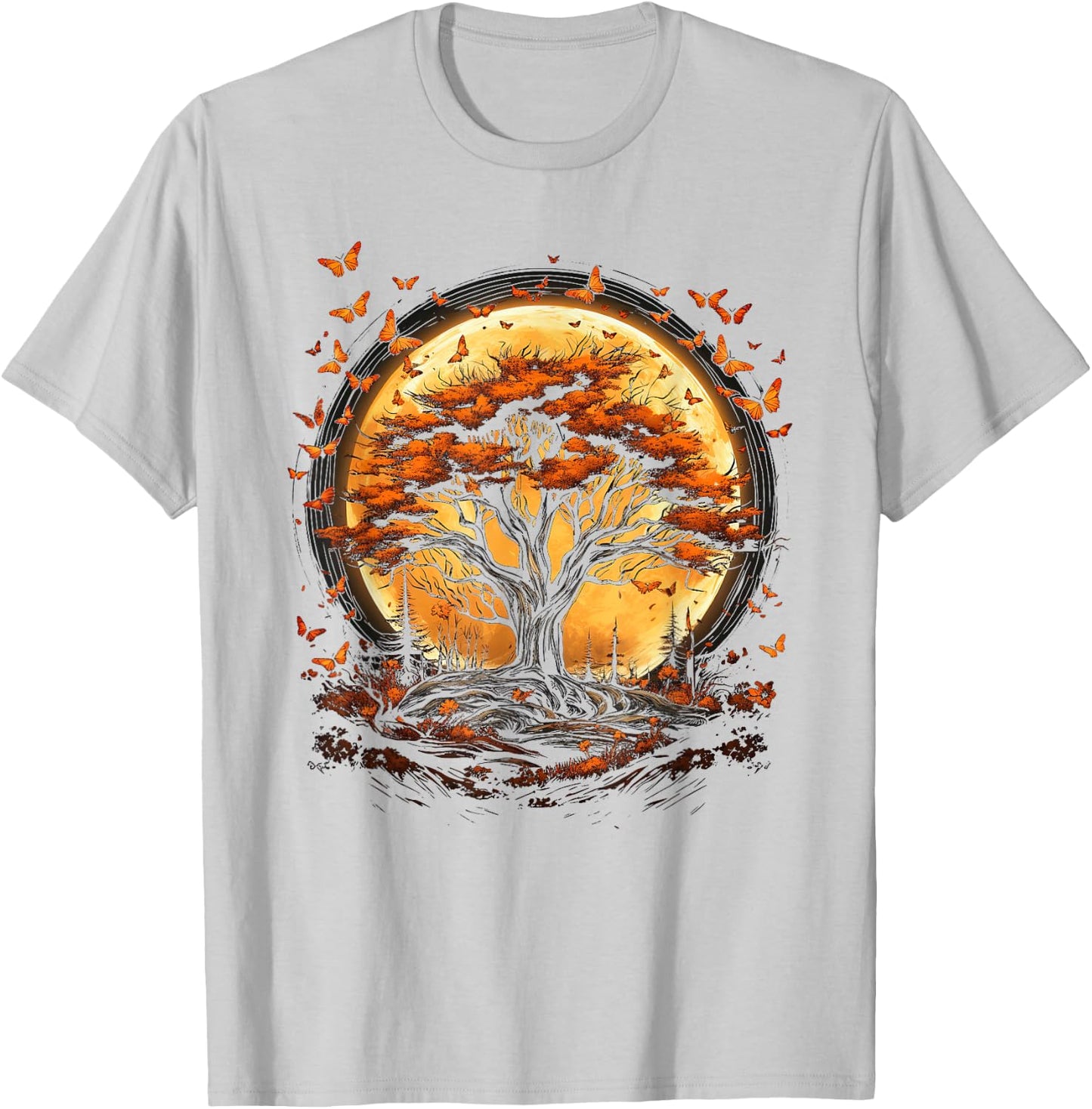 Fall Autumn falling leaves with Tree and Butterfly orange T-Shirt - T-Shirt | Ash