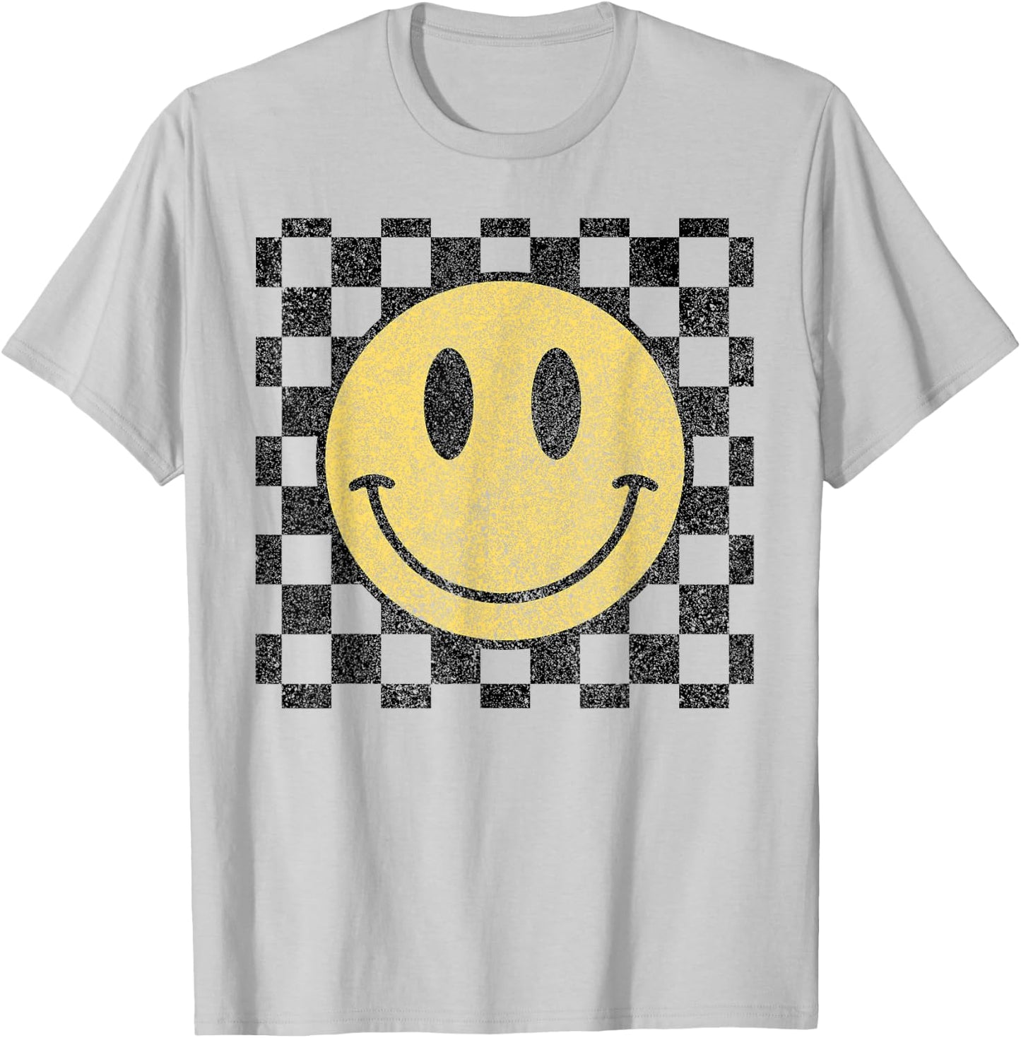 Retro Happy Face Checkered Pattern Smile Face Trendy T-Shirt - T-Shirt | Ash
