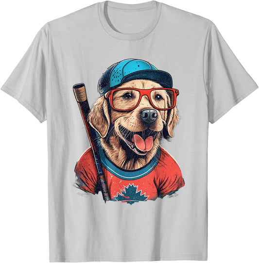 Vintage Retro Dog Playing Hockey, Hockey Stick, Puppy Lover T-Shirt - T-Shirt | Ash