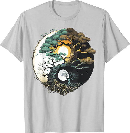 Yin Yang Miniature Tree of Life on Buddhist Bonsai Tree T-Shirt - T-Shirt | Ash