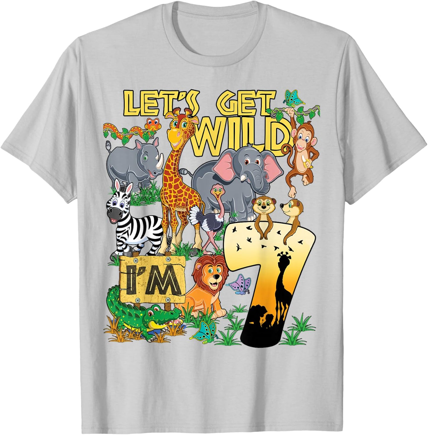 7 Year Old Zoo Safari Birthday Party Lets Get Wild I'm 7 T-Shirt - T-Shirt | Ash