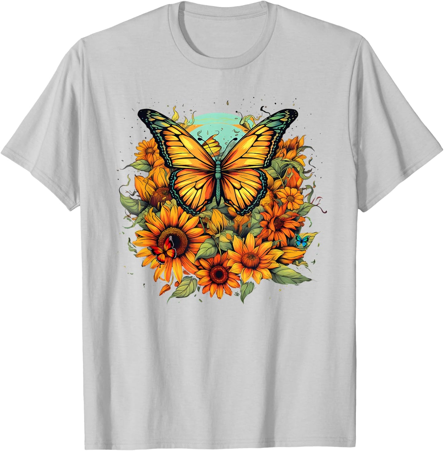 Sunflower Butterflies Design T-Shirt - T-Shirt | Ash