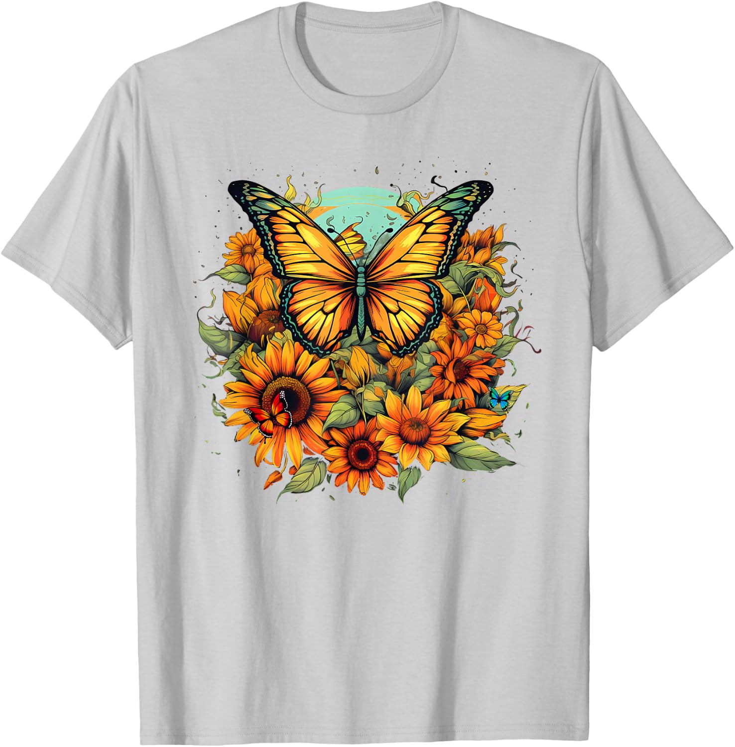 Sunflower Butterflies Design T-Shirt - T-Shirt | Ash