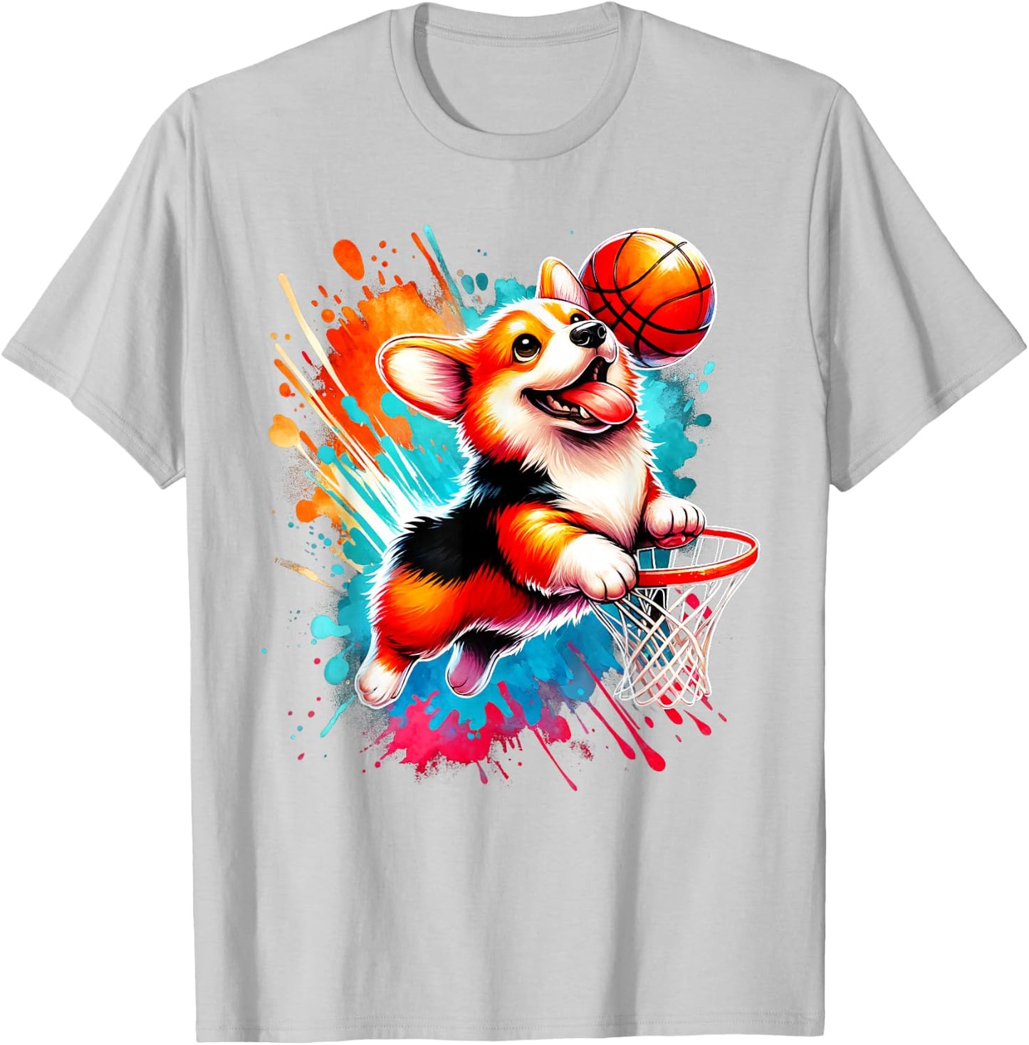 Corgi Basketball Player Colorful T-Shirt - T-Shirt | Ash