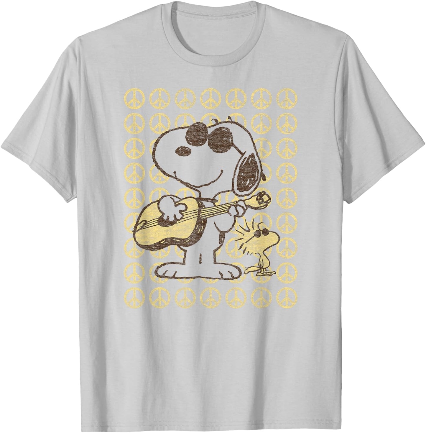 Peanuts - Snoopy Woodstock Guitar & Peace Signs T-Shirt - T-Shirt | Ash