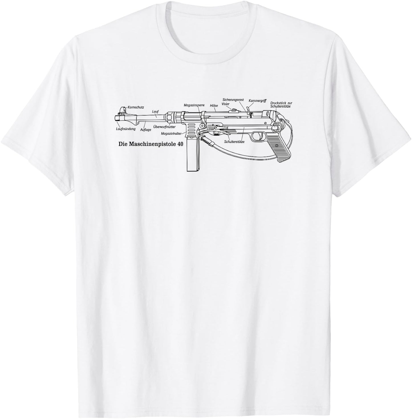 MP40 German WW2 Submachine Gun Infographic in German T-Shirt - T-Shirt | White
