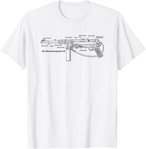 MP40 German WW2 Submachine Gun Infographic in German T-Shirt - T-Shirt | White
