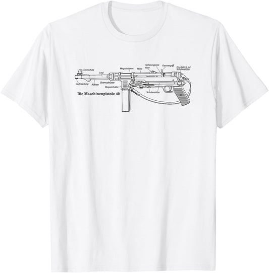 MP40 German WW2 Submachine Gun Infographic in German T-Shirt - T-Shirt | White