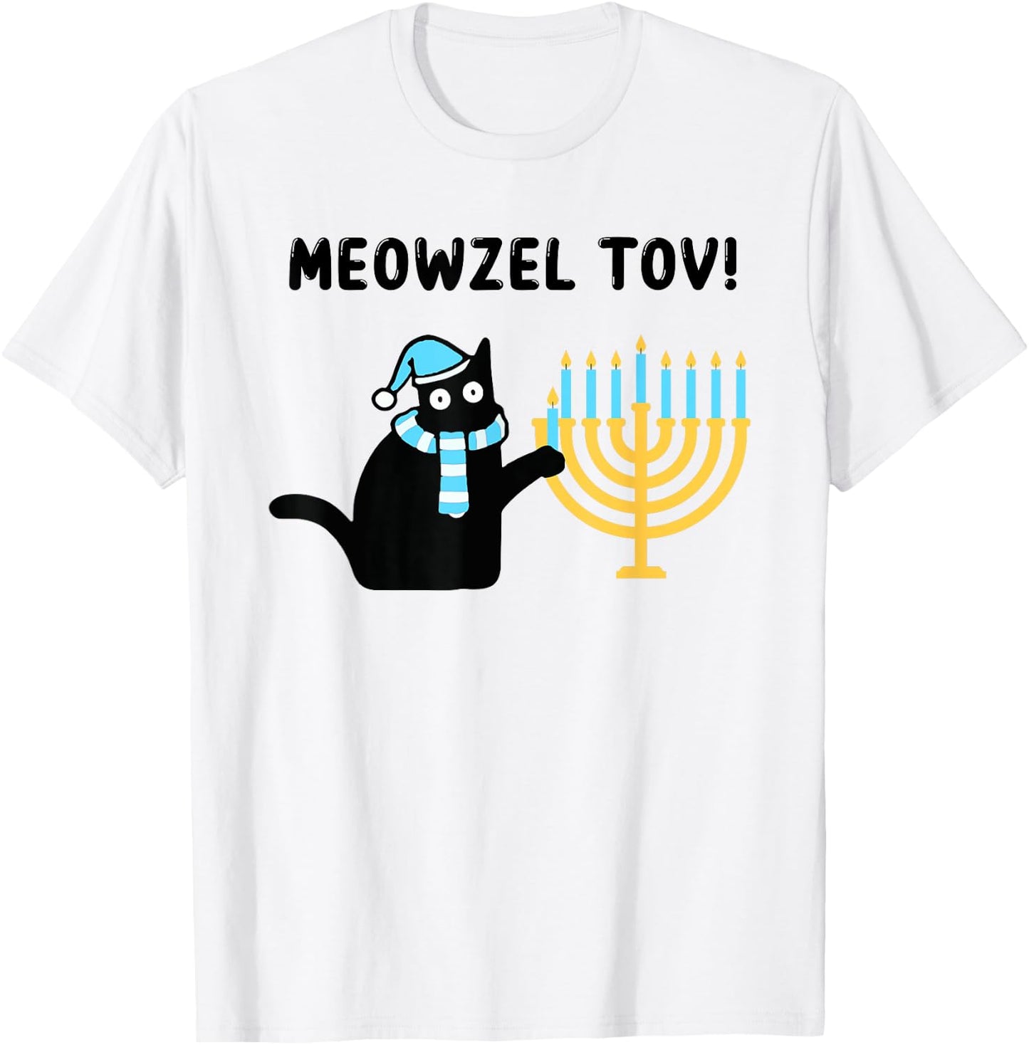 Meowzel Tov Gift Black Cat Mazel Tov Menorah Funny Hanukkah T-Shirt - T-Shirt | White