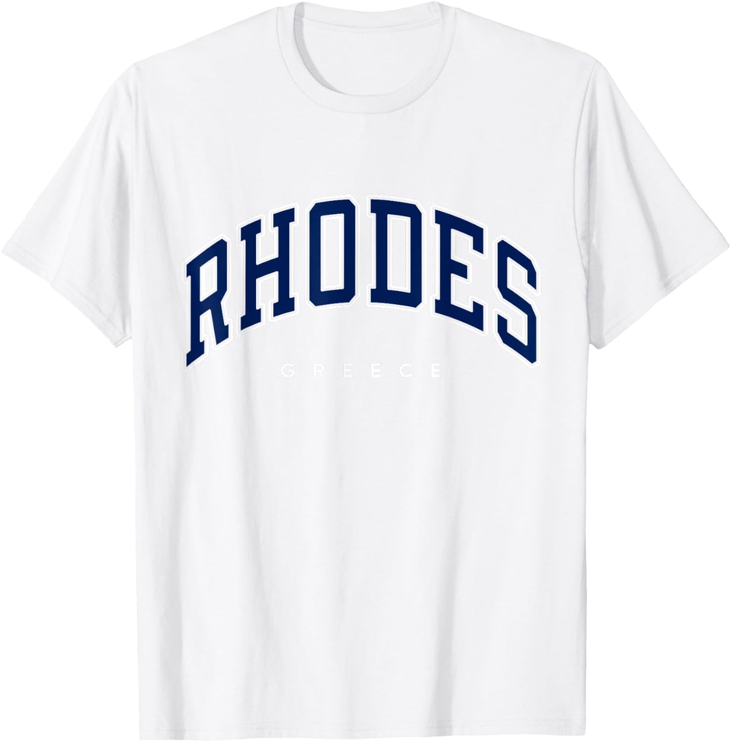 Rhodes Greece Varsity Style Navy Text T-Shirt - T-Shirt | White