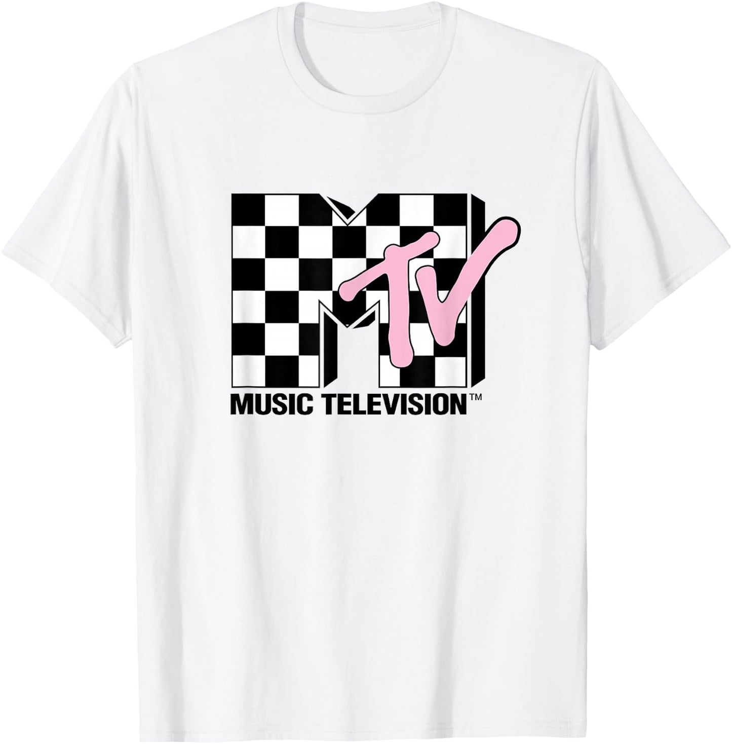 MTV Music Television Retro 80's Pink Neon Checkerboard Logo T-Shirt - T-Shirt | White