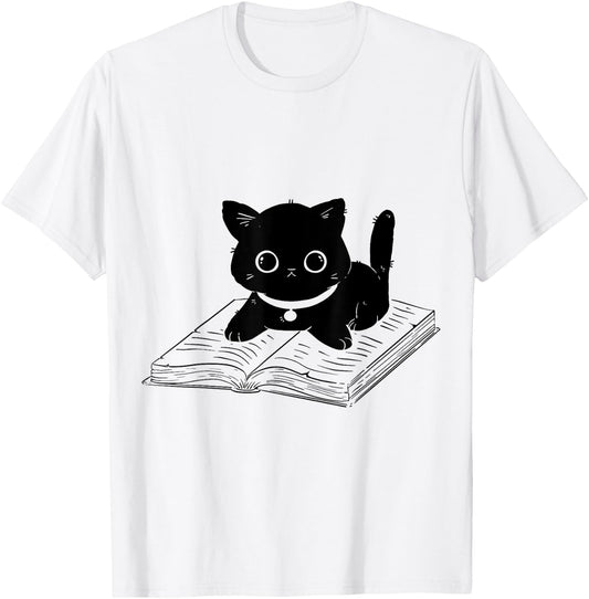 Cat Reading Animals Cat Motif T-Shirt - T-Shirt | White