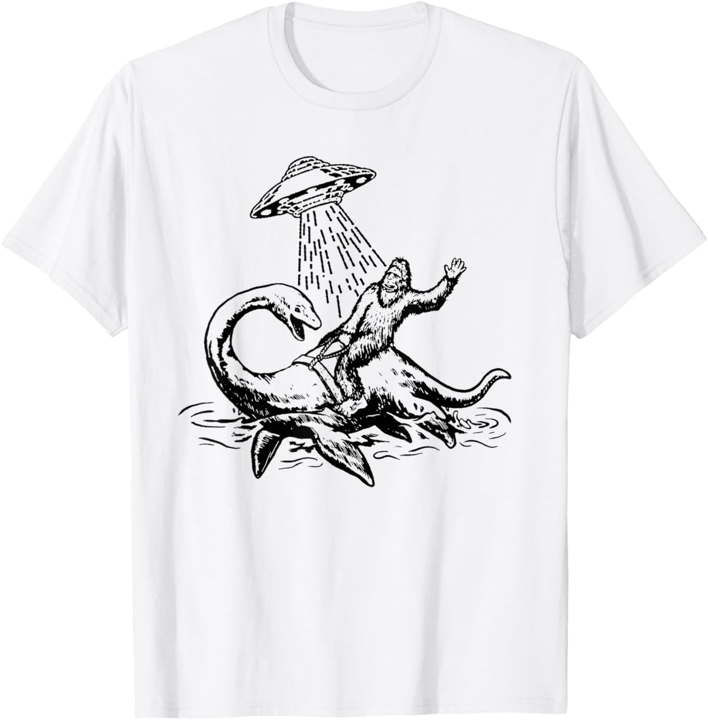 Bigfoot Riding Loch Ness Monster Funny Sasquatch Nessie T-Shirt - T-Shirt | White