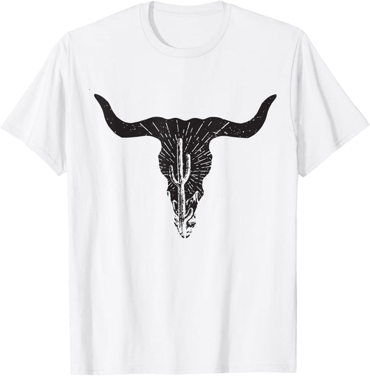 Cow Skull Desert Cactus Boho Longhorn South Western Country T-Shirt - T-Shirt | White
