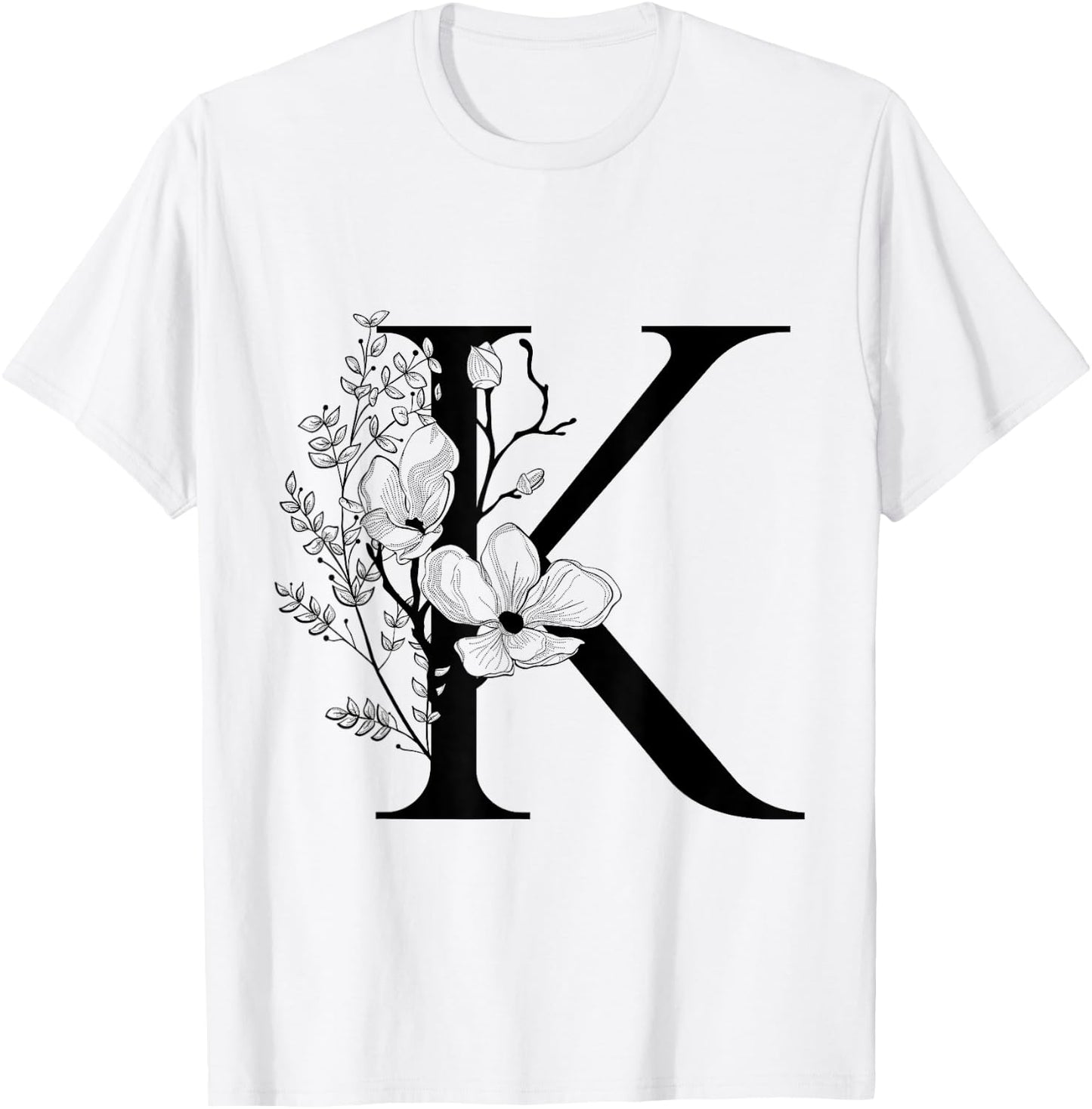 Beautiful Black Letter K Flowers Initial Floral Monogram T-Shirt - T-Shirt | White