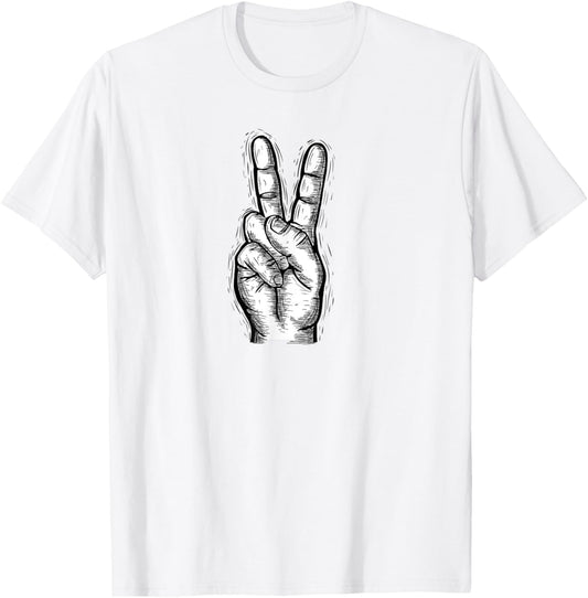 Peace Sign Hand Signal Hand Illustration Vintage T-Shirt - T-Shirt | White