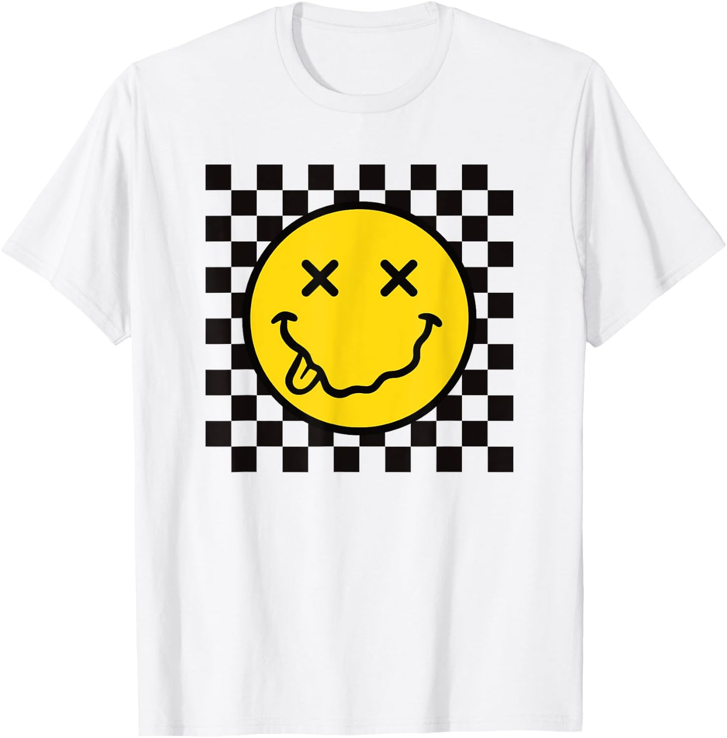 70s Yellow Smile Face Funny Tongue Out Checkered Happy Face T-Shirt - T-Shirt | White