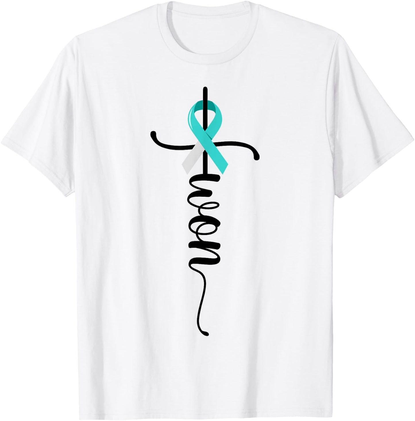 I Won Christian Cross Survivor Teal Ribbon Cervical Cancer T-Shirt - T-Shirt | White