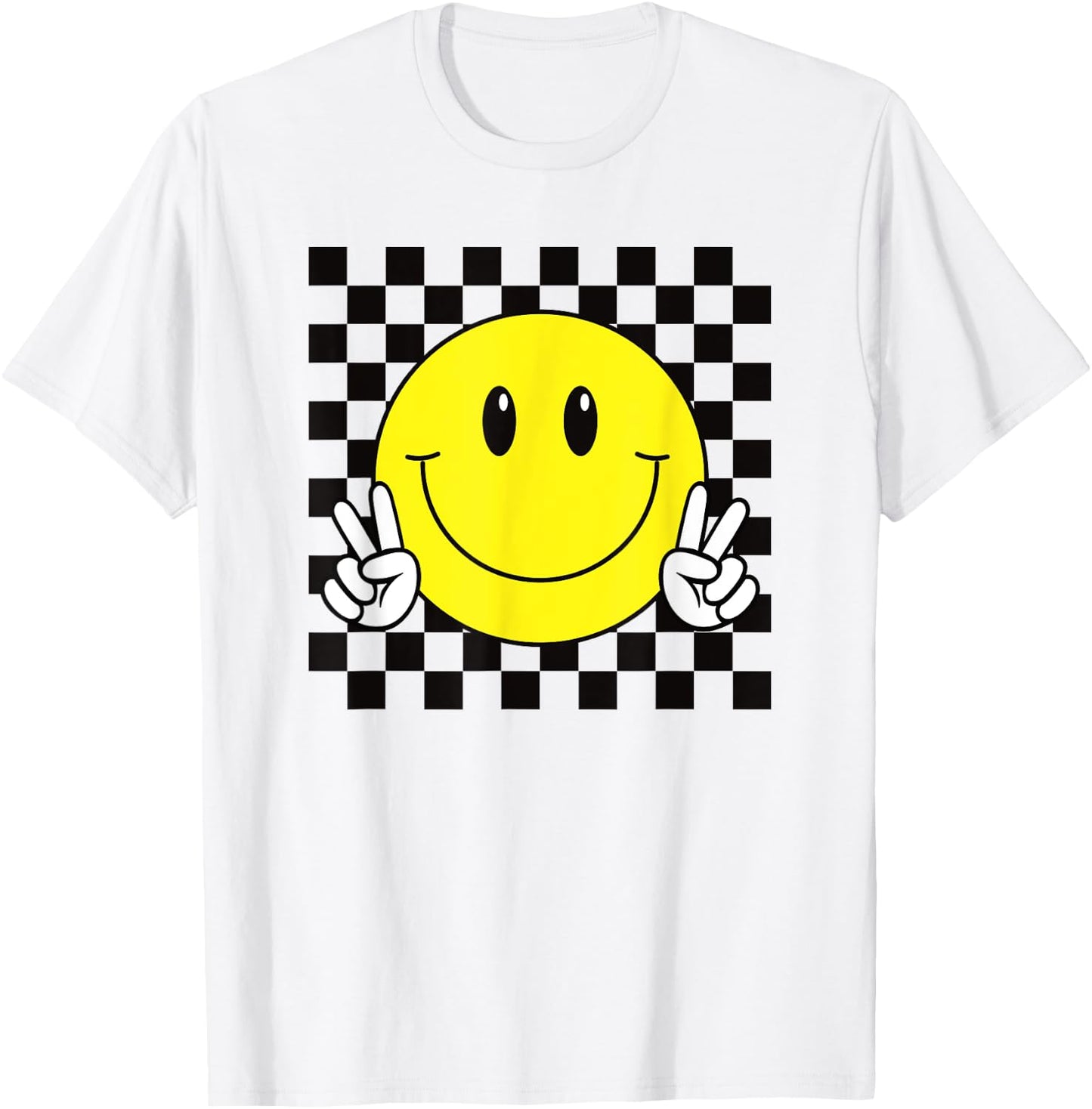 Yellow Smile Face Cute Checkered Peace Smiling Happy Face T-Shirt - T-Shirt | White