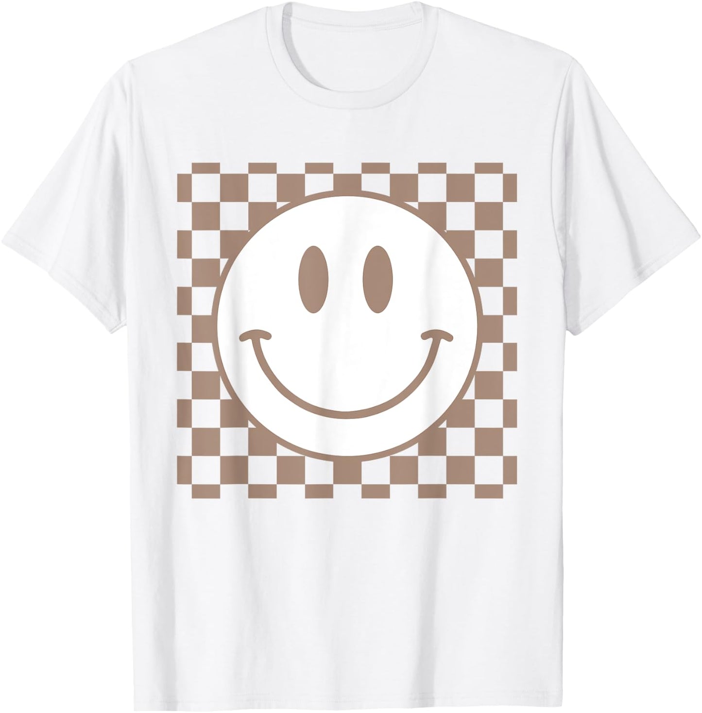 Retro Happy Face Checkered Pattern Smile Face Trendy T-Shirt - T-Shirt | White