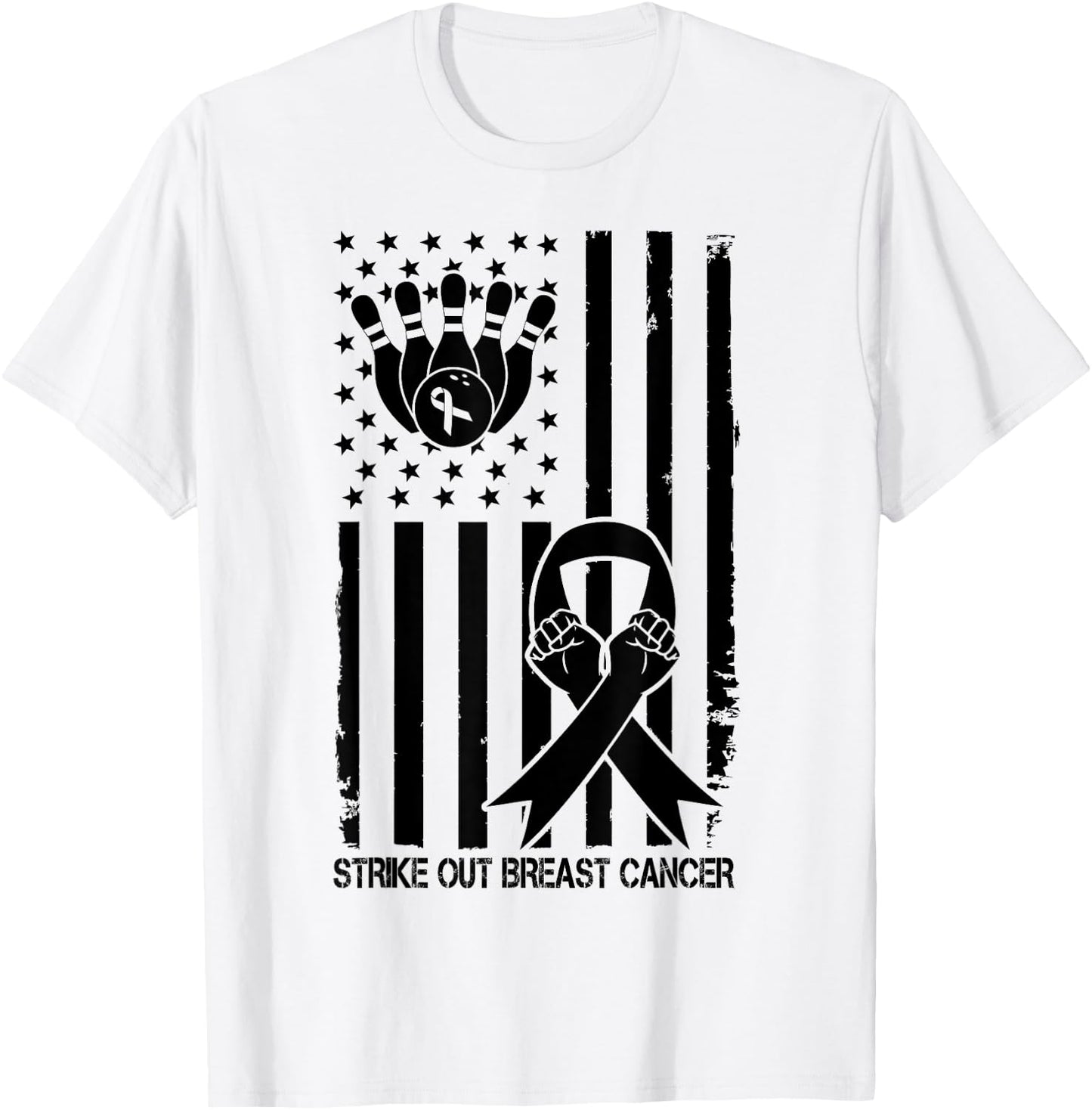 Strike Out Bowling Ribbon USA Flag Breast Cancer Awareness Kids Men T-Shirt - T-Shirt | White