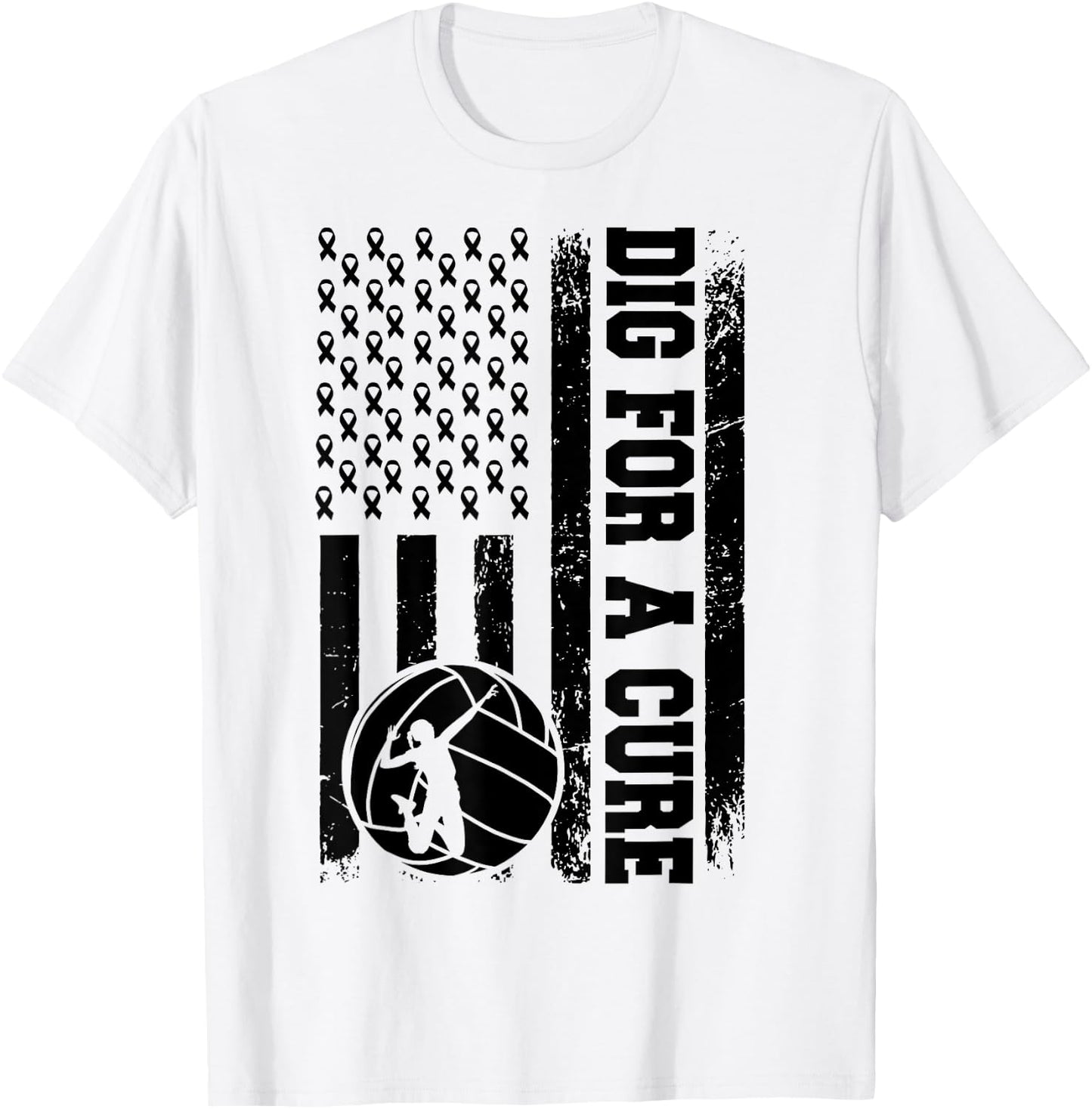 Dig For A Cure Breast Cancer Volleyball Pink American Flag Women Kids Men T-Shirt - T-Shirt | White