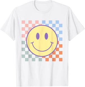 Retro Smile Face Shirts Checkered Pattern Men Kids T-Shirt - T-Shirt | White