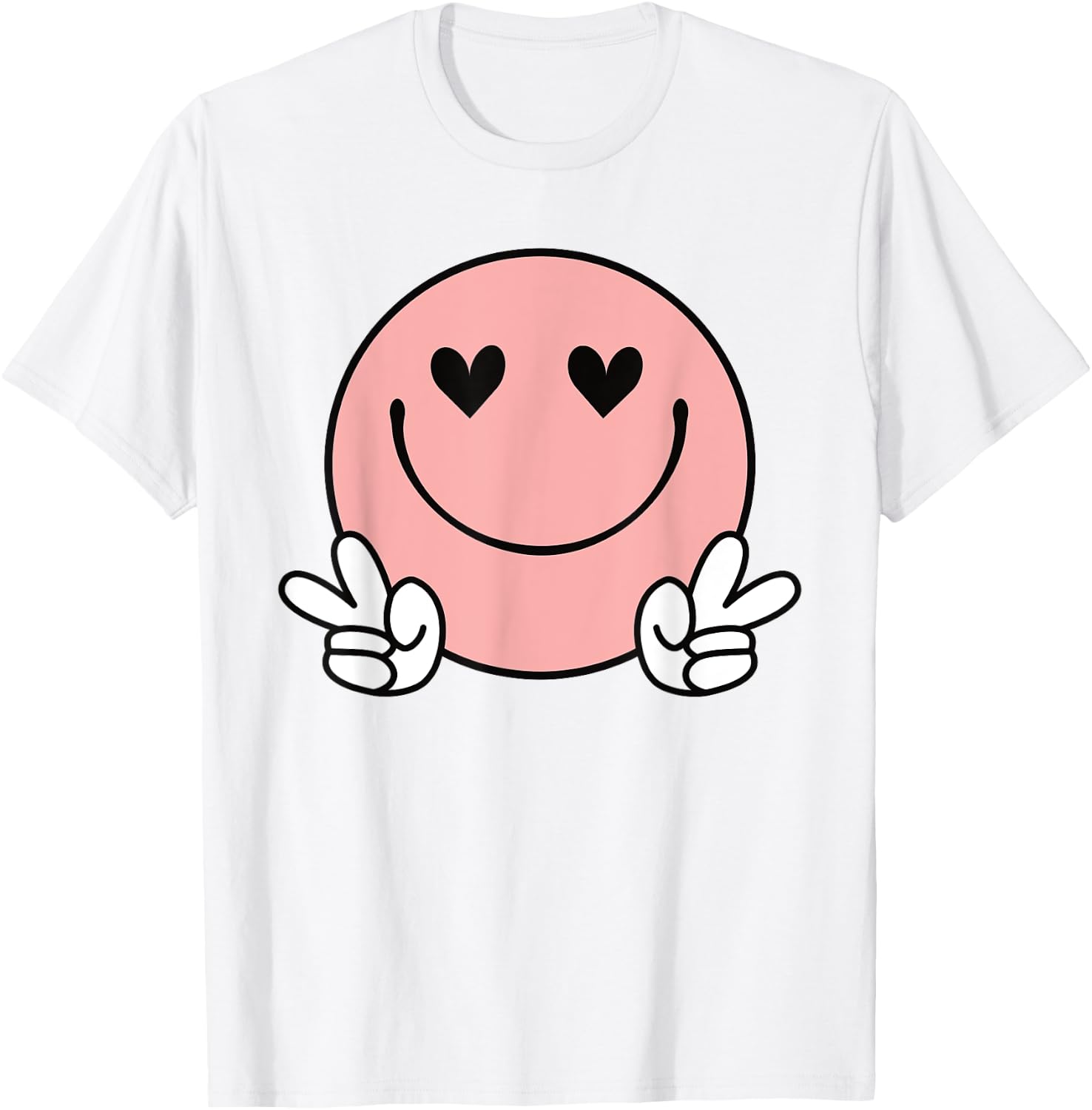 Peace Pink Smile Face Happy Funny Heart Eyes Smiling Face T-Shirt - T-Shirt | White