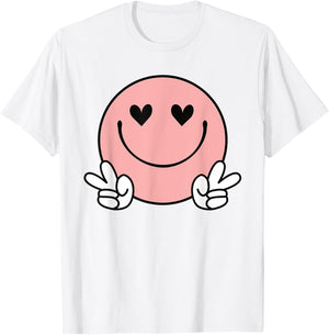 Peace Pink Smile Face Happy Funny Heart Eyes Smiling Face T-Shirt - T-Shirt | White