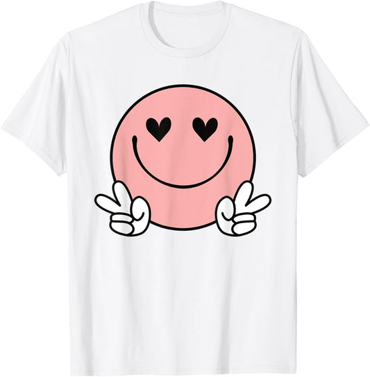 Peace Pink Smile Face Happy Funny Heart Eyes Smiling Face T-Shirt - T-Shirt | White