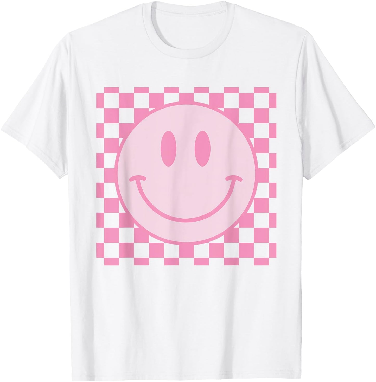 Retro Happy Face Shirt Checkered Pattern Smile Face Trendy T-Shirt - T-Shirt | White