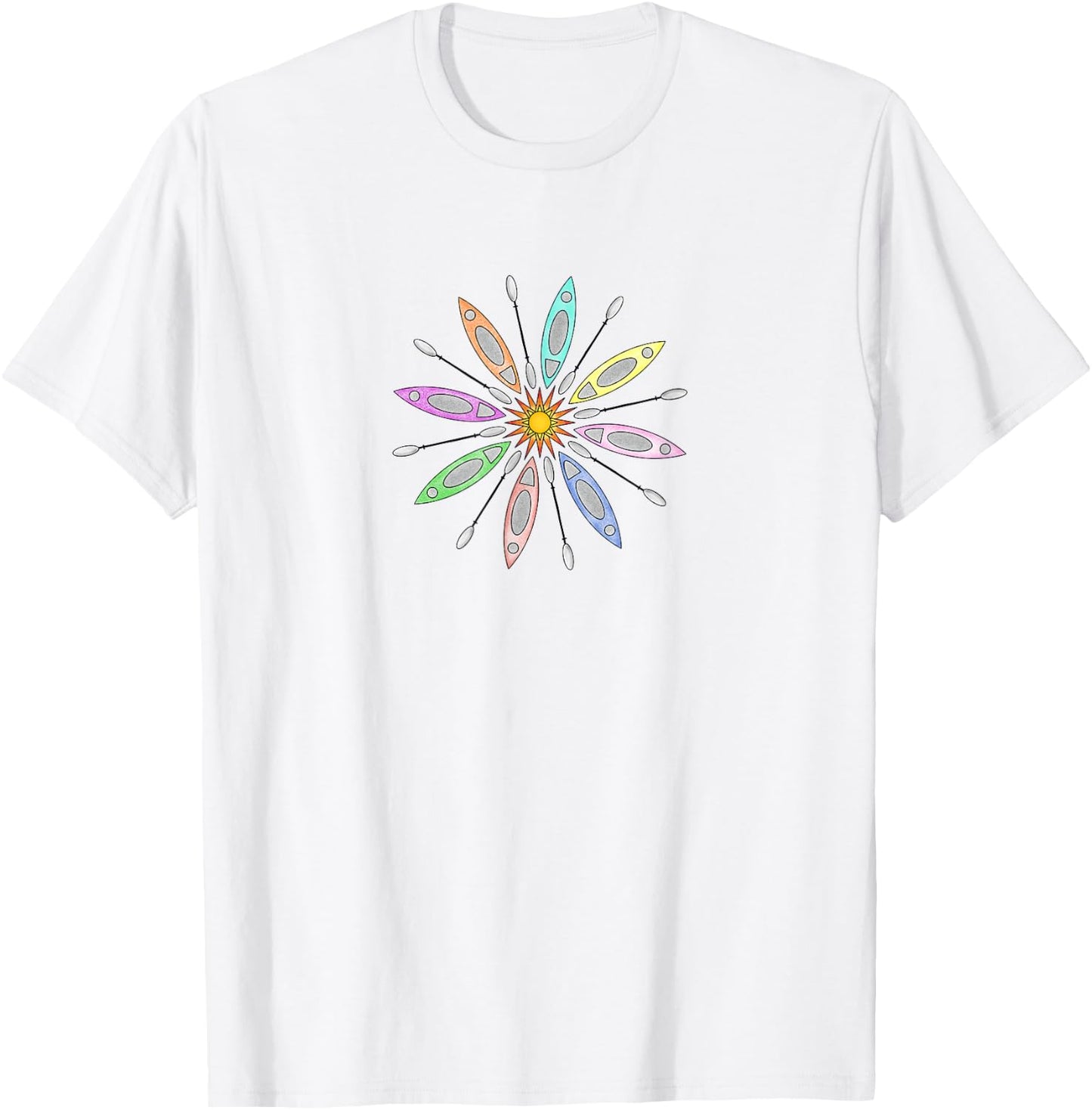 Kayaks and Paddles Around the Sun, Kayakers Mandala Design T-Shirt - T-Shirt | White
