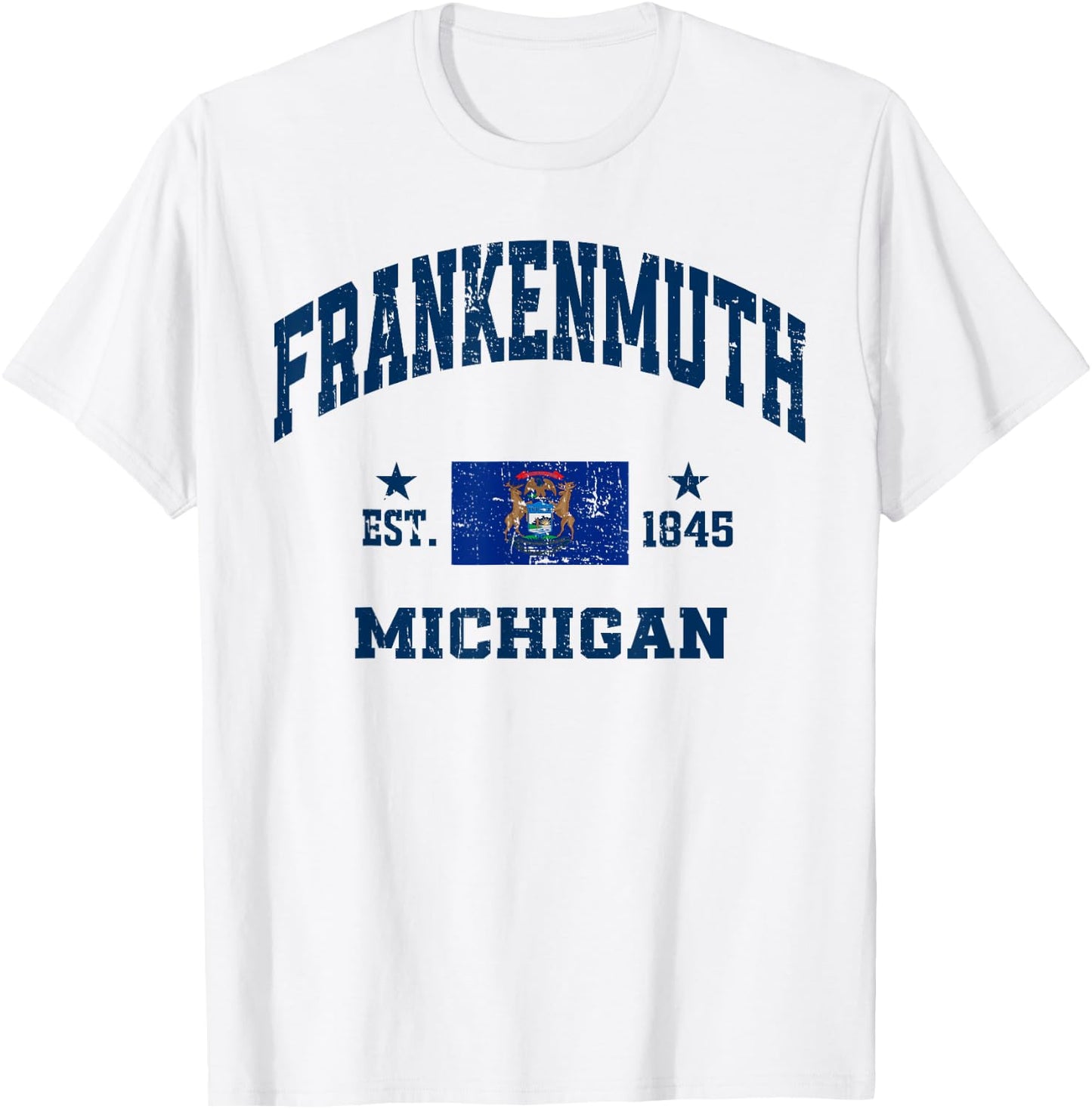 Frankenmuth Michigan MI Vintage State Athletic Navy T-Shirt - T-Shirt | White