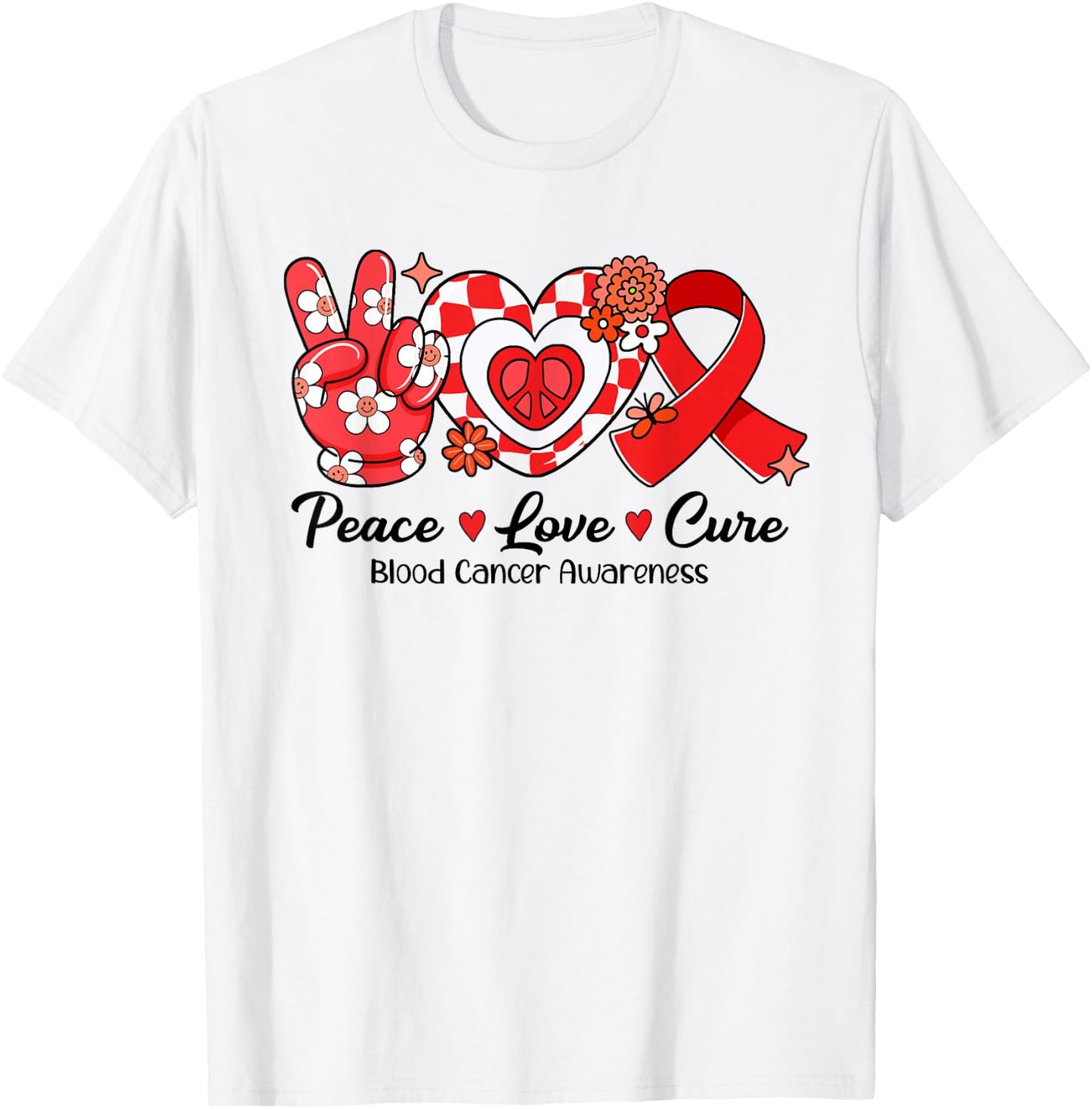 Retro Groovy Peace Love Cure Blood Cancer Awareness Gifts T-Shirt - T-Shirt | White