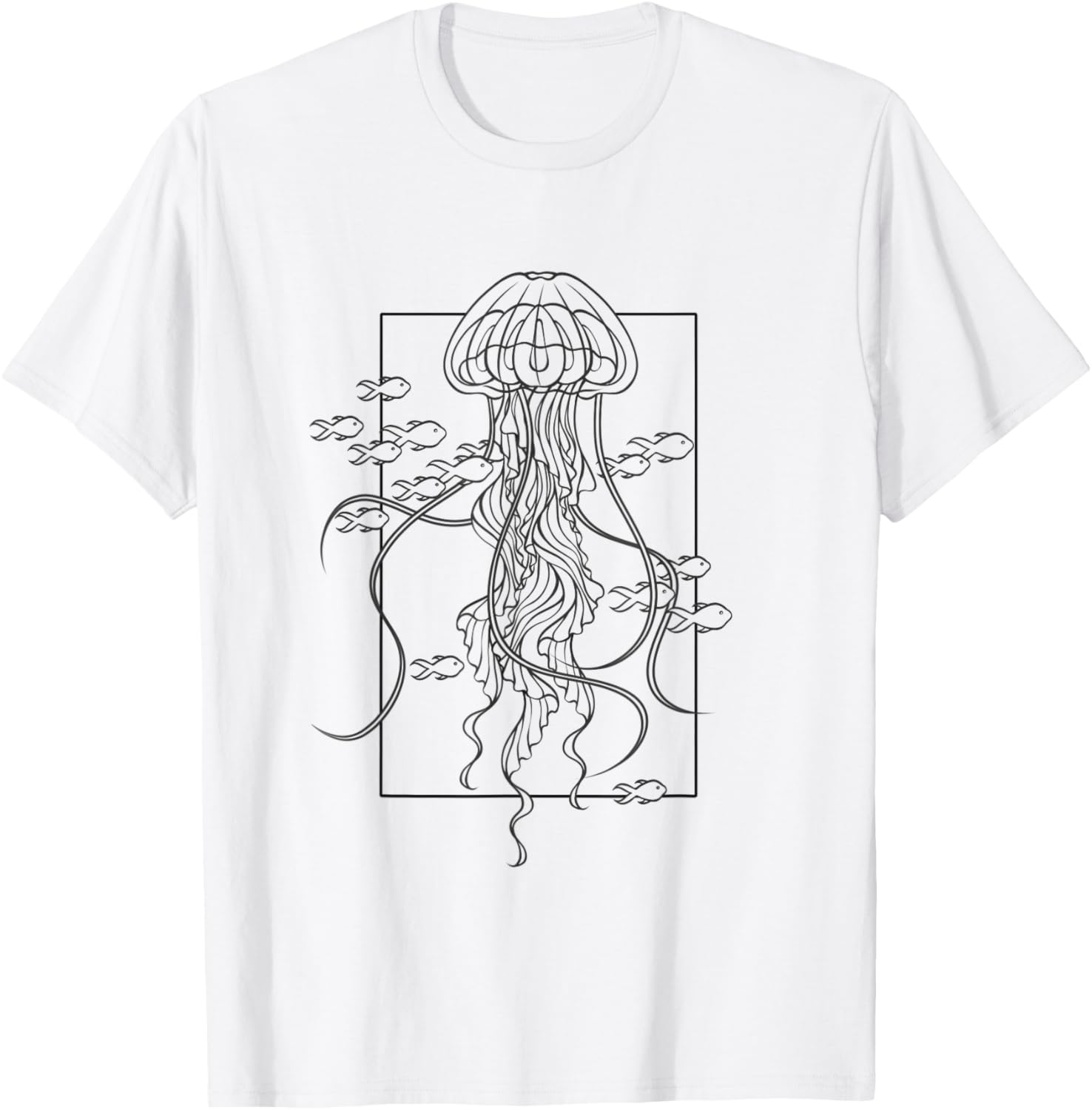 Graphic Jellyfish with Fishes in Sea T-Shirt - T-Shirt | White