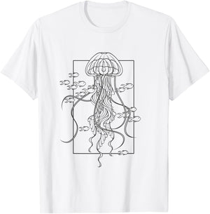 Graphic Jellyfish with Fishes in Sea T-Shirt - T-Shirt | White