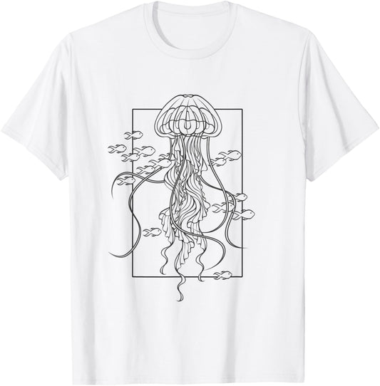 Graphic Jellyfish with Fishes in Sea T-Shirt - T-Shirt | White