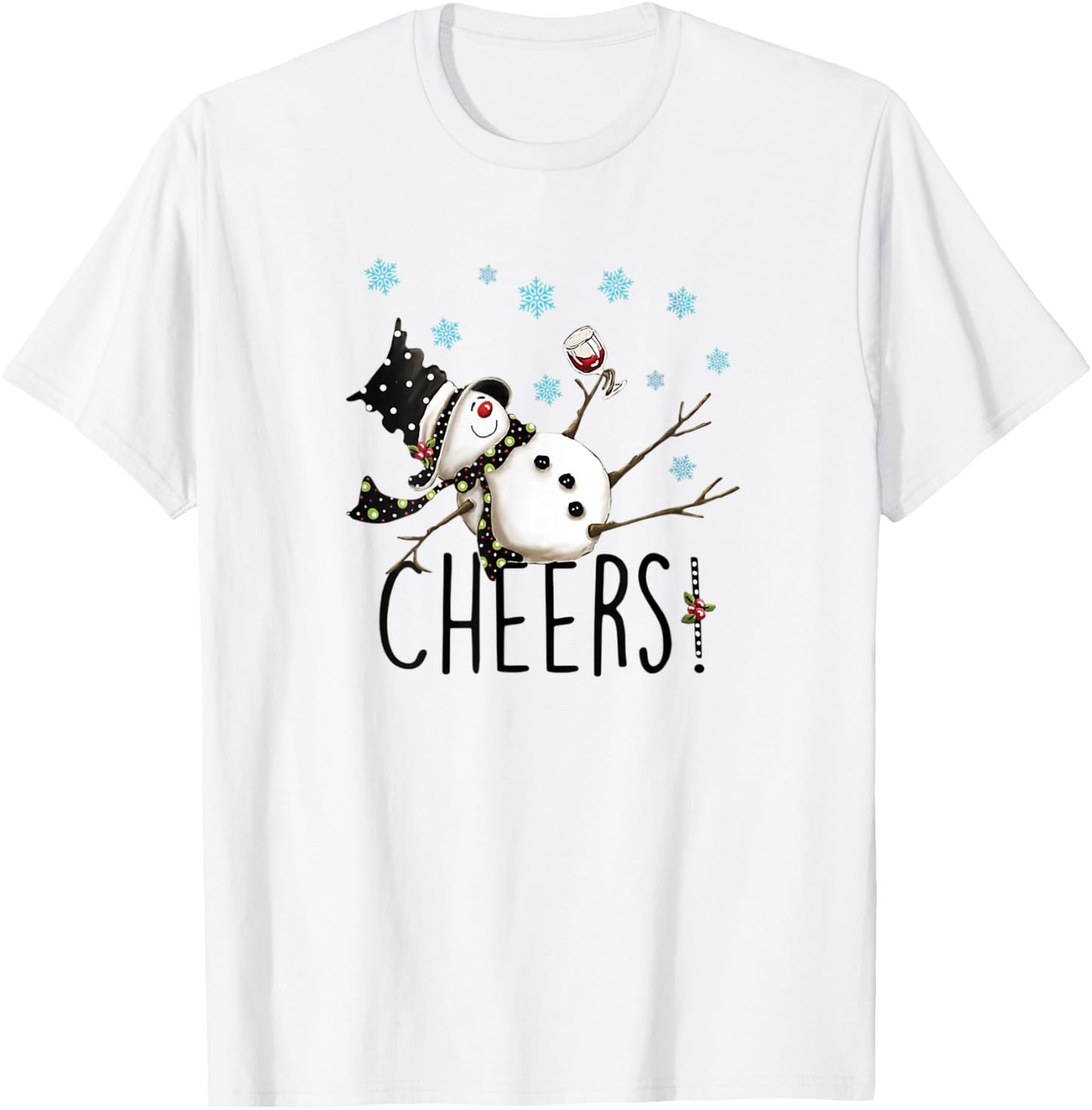 Cheers Snowman And Wine Christmas Apparel & Clothing T-Shirt - T-Shirt | White