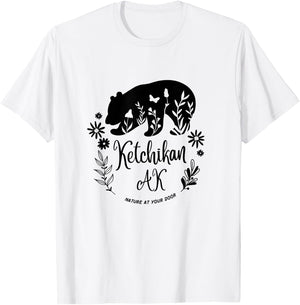 Ketchikan Alaska Bear & Flowers Nature At Your Door Design T-Shirt - T-Shirt | White