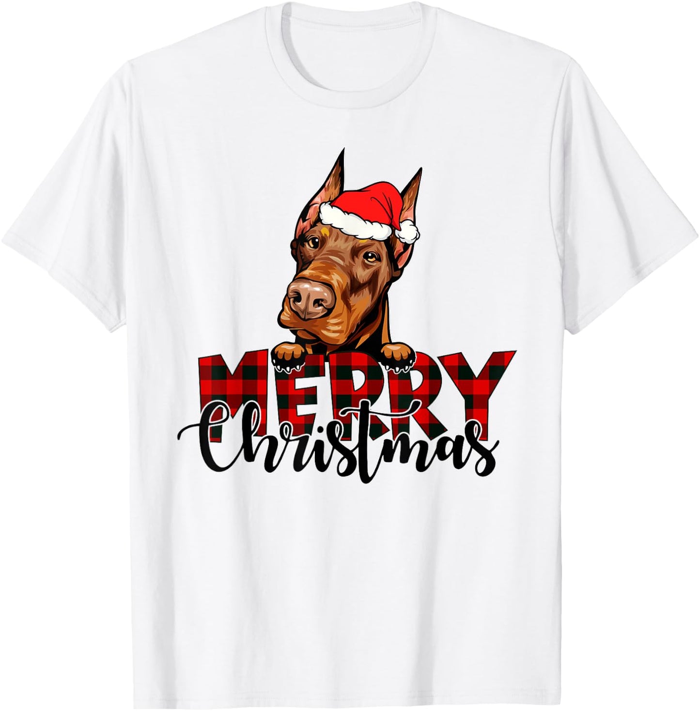 Merry Christmas Doberman Dog Christmas Red Plaid Santa Hat T-Shirt - T-Shirt | White