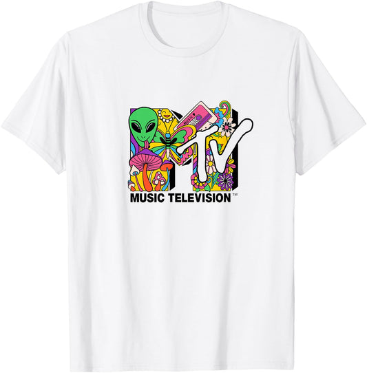 Mademark x MTV - The official MTV Logo with mushrooms aliens and flowers T-Shirt - T-Shirt | White