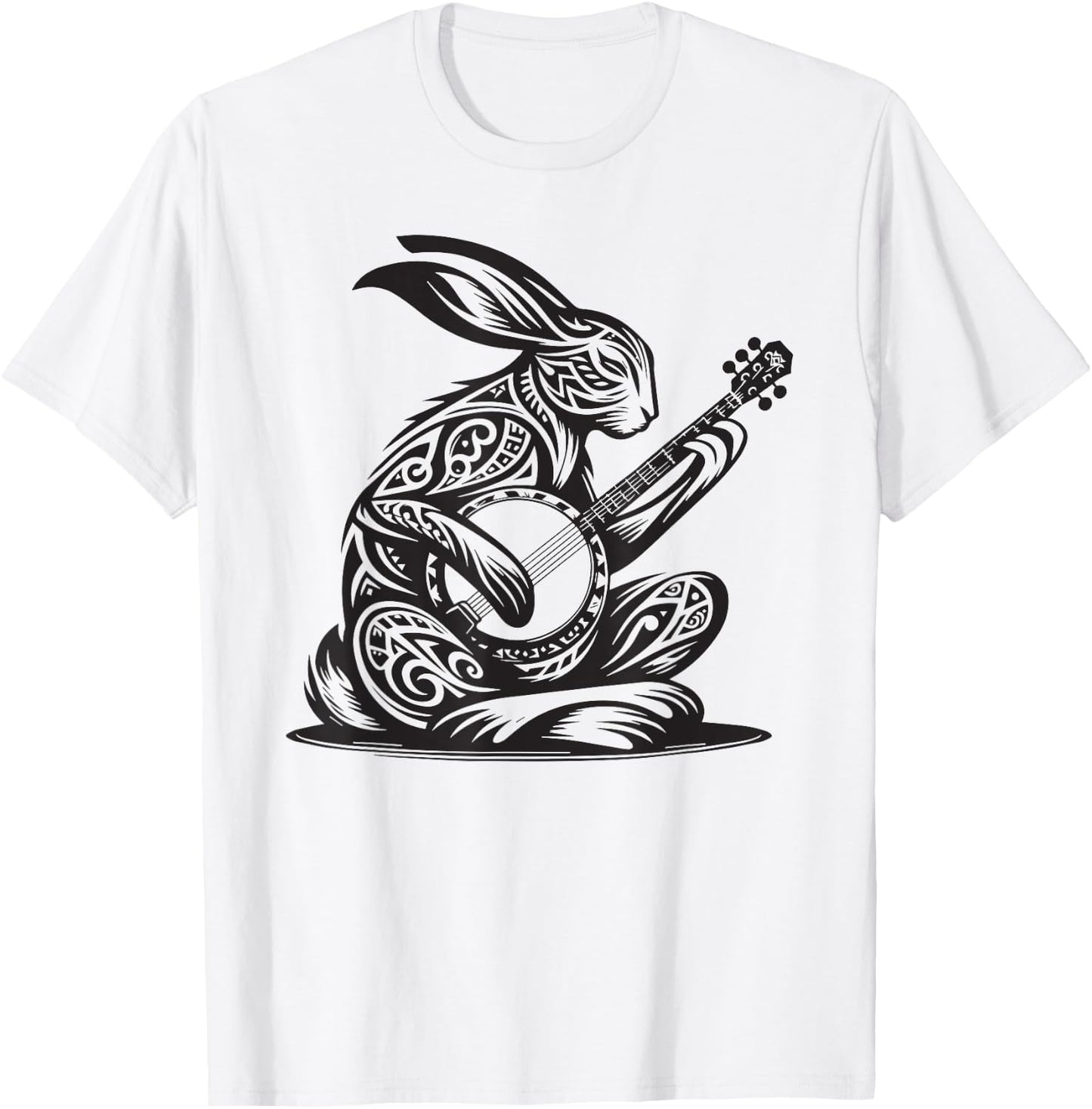 Bunny Rabbit Playing Banjo Tribal Art Music Festival Zen T-Shirt - T-Shirt | White