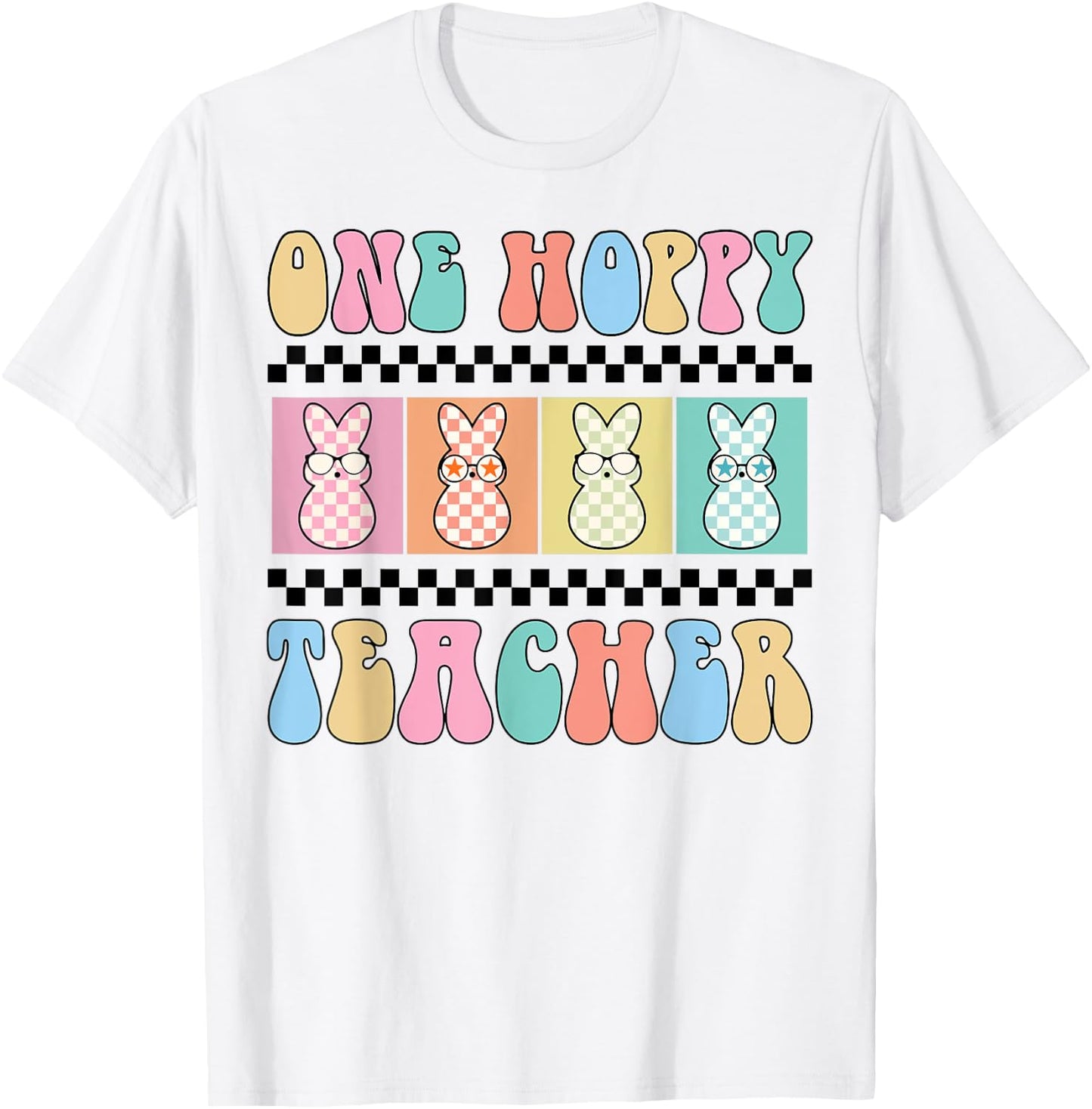 One Hoppy Teacher Bunny Easter Day Groovy Retro Boy Girl T-Shirt - T-Shirt | White