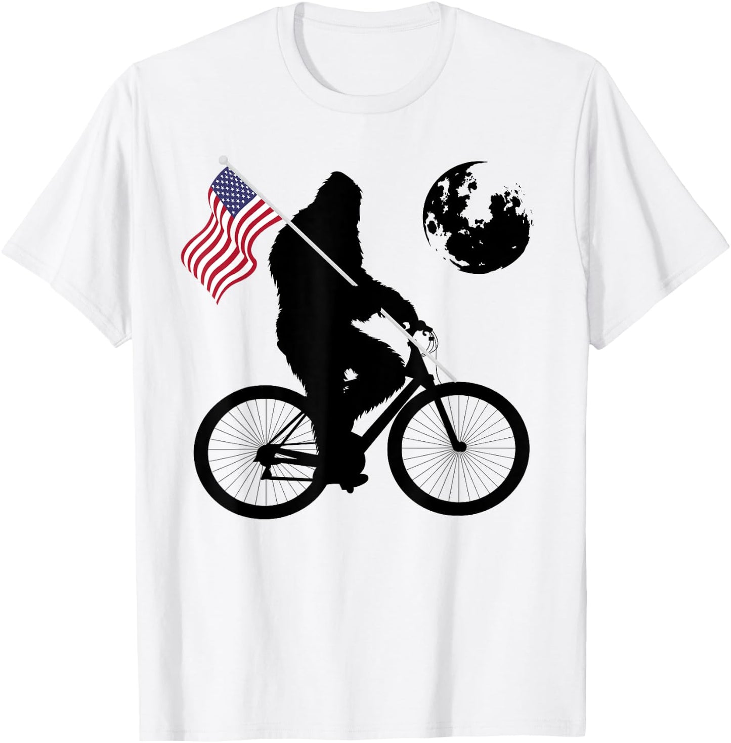Funny Bigfoot Riding Bike For Bikers Sasquatch American flag Women Kids Men T-Shirt - T-Shirt | White