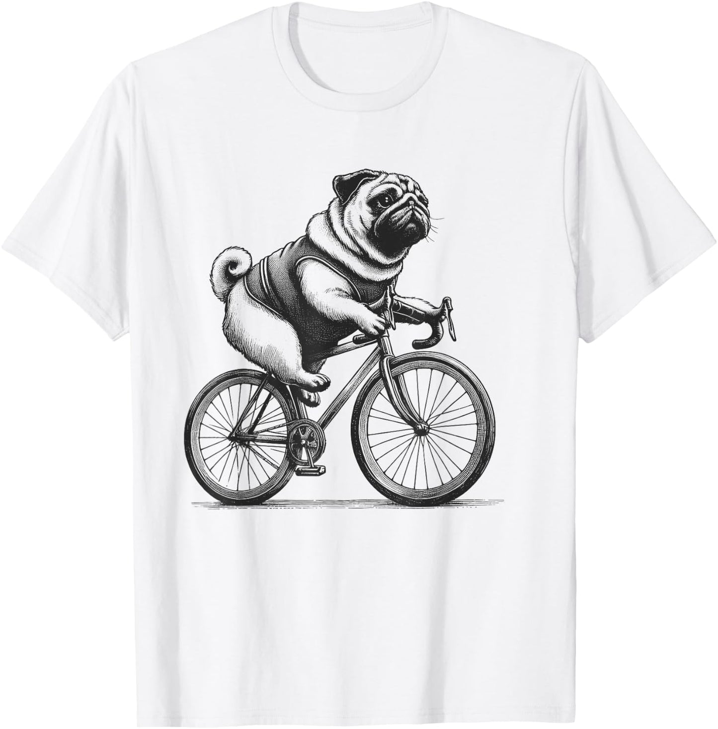 Pug Dog Riding a Bike Bicycle Biker Cycling T-Shirt - T-Shirt | White