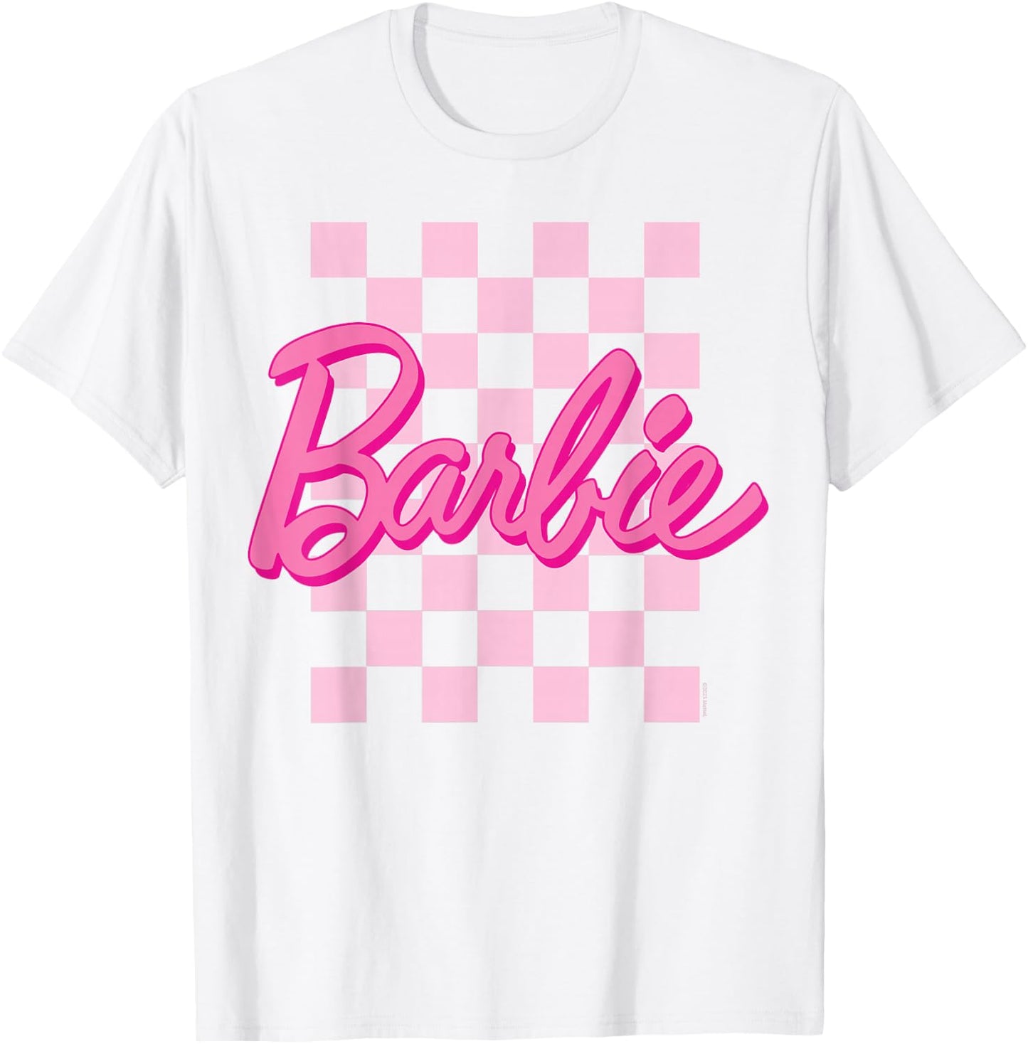 Barbie - Barbie Logo Checkered Background Short Sleeve , Small T-Shirt - T-Shirt | White